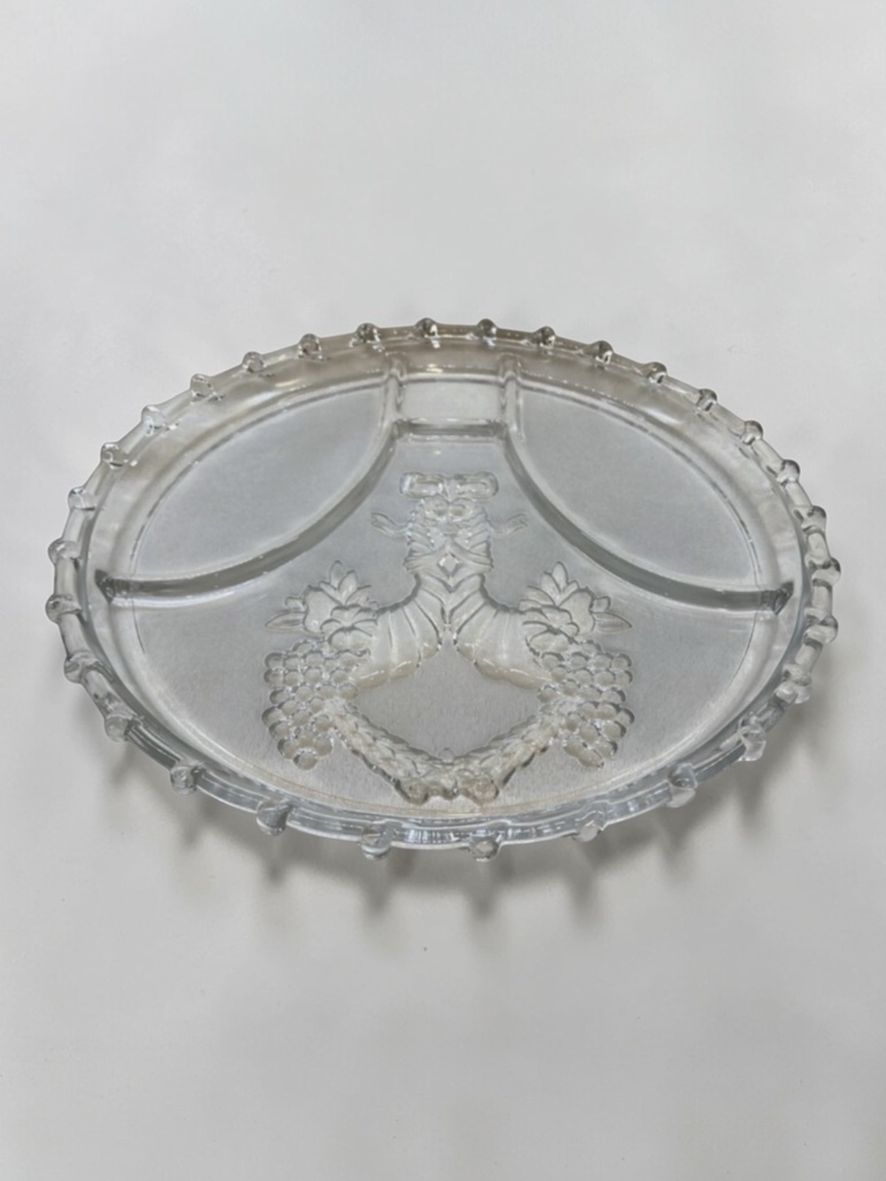 Set of 4 Vintage Hazel Atlas Cornucopia Clear Pressed Glass 10.5” Divided Plate